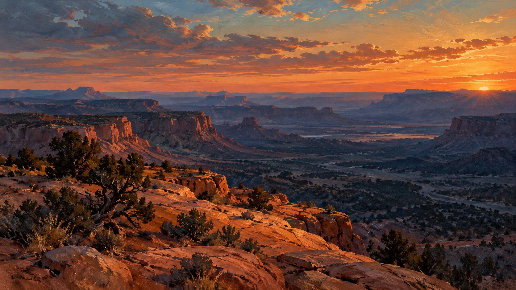A juniper-covered desert ridge overlooking a vast blue valley at sunset